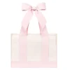 A light pink and white tote bag with wide pink shoulder straps and a large matching pink bow at the top, shown on a plain white background. #color_ballet pink bow