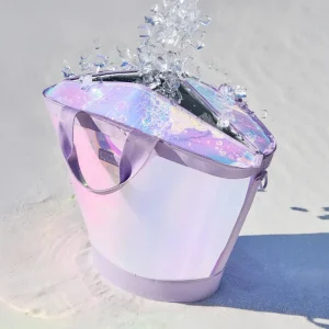 Iridescent water dispenser with water splashing out on a light gray background #color_iridescent