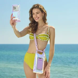 A woman showing her waterproof floating pouch