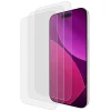 Three clear glass screen protectors displayed fanned out beside an iPhone with purple and pink gradient wallpaper.