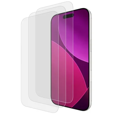 Three clear glass screen protectors displayed fanned out beside an iPhone with purple and pink gradient wallpaper.