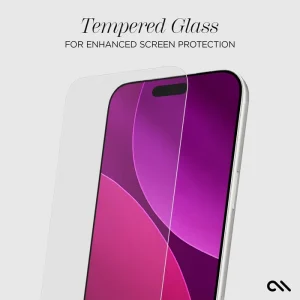 Clear glass screen protector applied to iPhone displaying purple gradient wallpaper with black notch visible.
