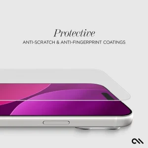Three clear glass screen protectors stacked on a white smartphone with purple display, showing curved edges and installation