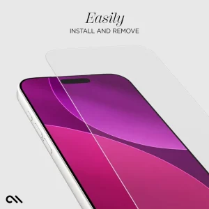 Transparent glass screen protector shown partially applied to white smartphone with purple gradient display.