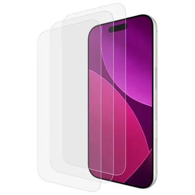 Three clear glass screen protectors displayed fanned out over a white smartphone with purple and pink gradient display.