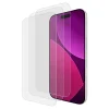 Three clear glass screen protectors displayed fanned out over a smartphone with purple and pink gradient display.