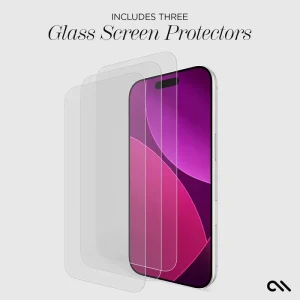 Three clear glass screen protectors displayed fanned out over a smartphone with purple gradient display.