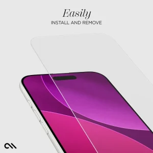 Clear glass screen protector shown being applied to white smartphone with gradient pink and purple display.