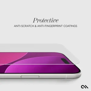 Three clear glass screen protectors displayed stacked on a silver iPhone showing anti-scratch and anti-fingerprint coatings.