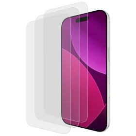 Three clear glass screen protectors fanned out beside a white smartphone with purple display.