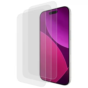 Three clear glass screen protectors fanned out beside a white smartphone with purple display.