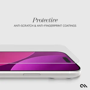 Three glass screen protectors stacked and angled on a white iPhone, showing protective coatings.