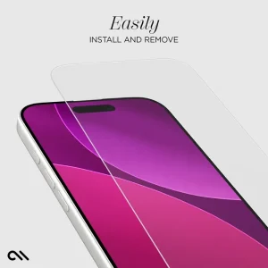 White smartphone with glass screen protector peeling away to show purple gradient wallpaper beneath.