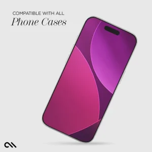 Smartphone with purple and pink gradient display shown at an angle against light background with text about phone case compat