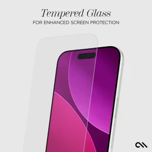 Clear tempered glass screen protector displayed on iPhone 17 showing curved edges and protective film application.