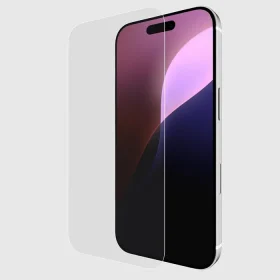 Clear glass screen protector applied to iPhone 16 displaying colorful gradient wallpaper.