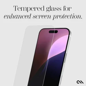 Clear tempered glass screen protector positioned on iPhone 16 display with colored gradient wallpaper visible beneath.