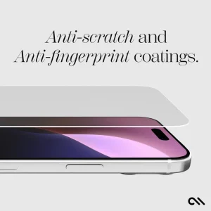 Clear glass screen protector applied to iPhone 16 displaying purple wallpaper with curved edges.