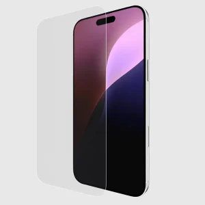 Clear glass screen protector applied to iPhone 16 Plus display with gradient wallpaper visible.