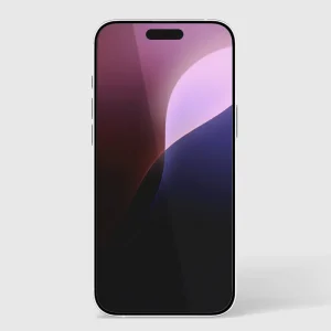 iPhone 16 Plus with black bezel displaying abstract gradient wallpaper in pink, purple, and navy tones.