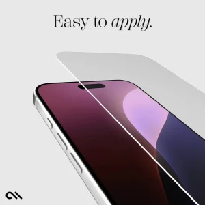 Glass screen protector being applied to iPhone 16 Plus with colored display visible beneath.