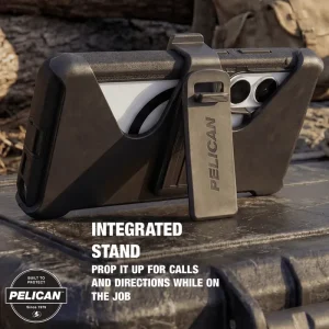 Integrated stand prop it up for calls and directions while on the job