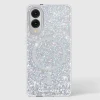 Clear Galaxy S25 Edge case with iridescent glitter fill and magnetic ring on back.