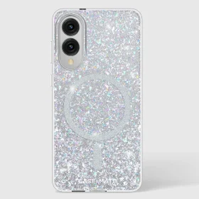 Clear Galaxy S25 Edge case with iridescent glitter fill and magnetic ring on back.