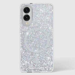Clear Galaxy S25 Edge case with iridescent glitter fill and magnetic ring on back.
