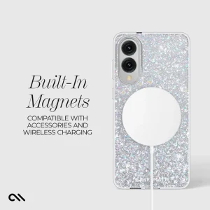 Clear Galaxy S25 Edge case with iridescent glitter interior, dual camera cutout, and magnetic charging port alignment circle.