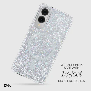 Clear Galaxy S25 Edge case with iridescent glitter and magnetic ring on back.