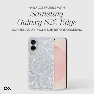 Clear Galaxy S25 Edge case with iridescent glitter and magnet design, shown on phone with dual rear cameras.