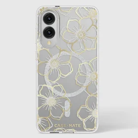 Clear Galaxy S25 Edge case with gold and silver outlined floral designs and glitter accents.