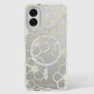 Clear Galaxy S25 Edge case with gold and silver outlined floral designs and glitter accents.