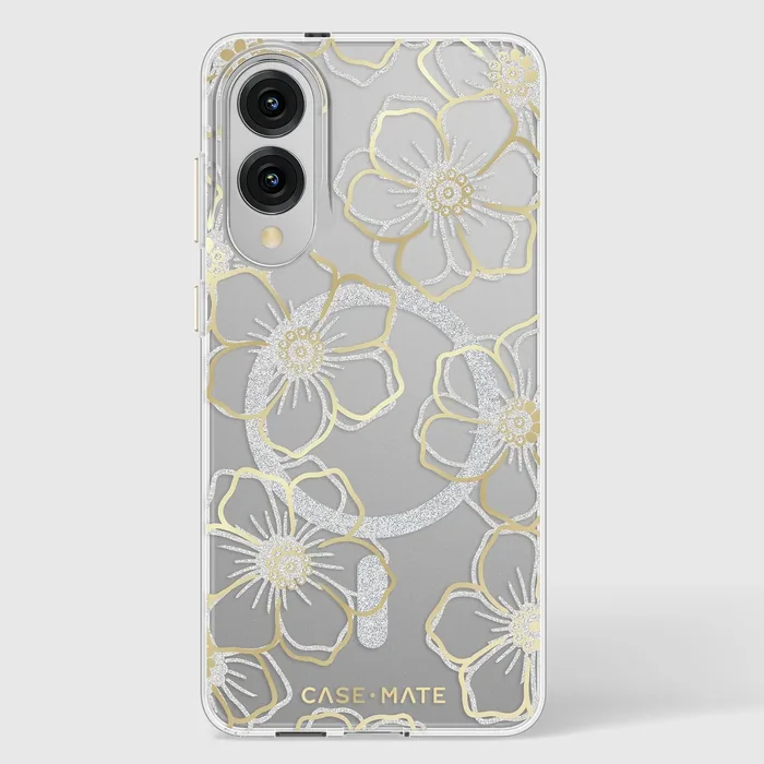 Clear Galaxy S25 Edge case with gold and silver outlined floral designs and glitter accents.