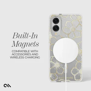 Clear Galaxy S25 Edge case with gold floral outlines and built-in magnetic ring for wireless charging compatibility.