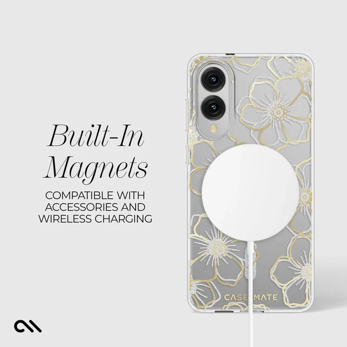 Clear Galaxy S25 Edge case with gold floral outlines and built-in magnetic ring for wireless charging compatibility.