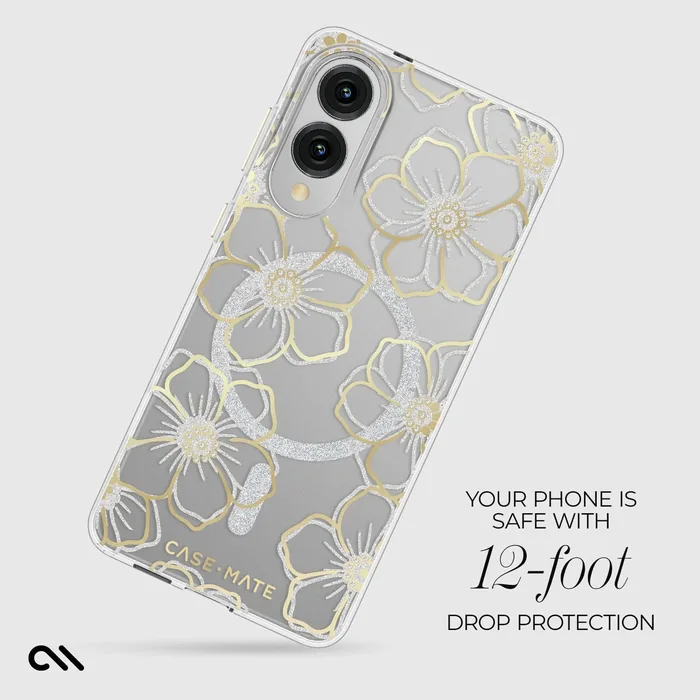 Clear phone case with gold and silver floral outlines and gemstone accents for Galaxy S25 Edge.