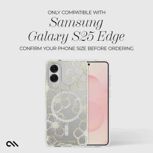 Clear Galaxy S25 Edge case with gold and silver floral outlines on transparent background.