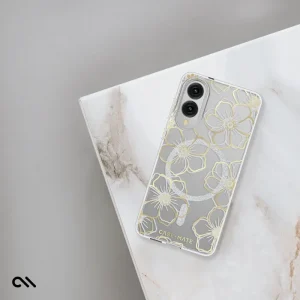 Clear Samsung Galaxy S25 Edge case with gold outlined floral pattern and dual camera cutout.