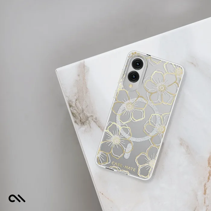 Clear Samsung Galaxy S25 Edge case with gold outlined floral pattern and dual camera cutout.