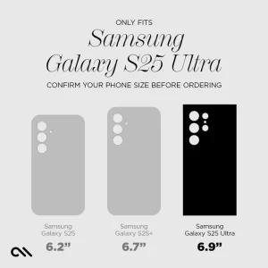 Comparison chart showing Samsung Galaxy S25, S25+, and S25 Ultra phone sizes with camera layouts.