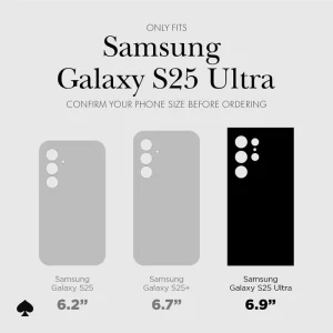 Samsung Galaxy S25 Ultra case with blue floral pattern, shown in size comparison with other Galaxy models.